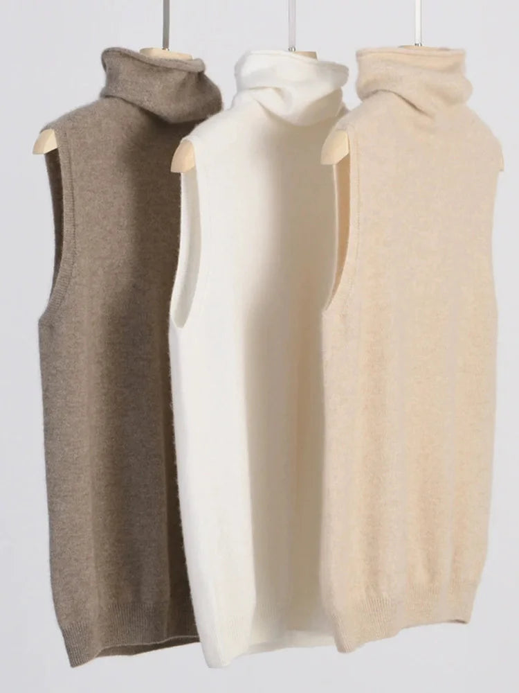 Women Merino Wool Sleeveless Pullovers Turtleneck Sweater Waistcoat Wool Knitwear Spring Autumn Winter Fashion Vest Tops