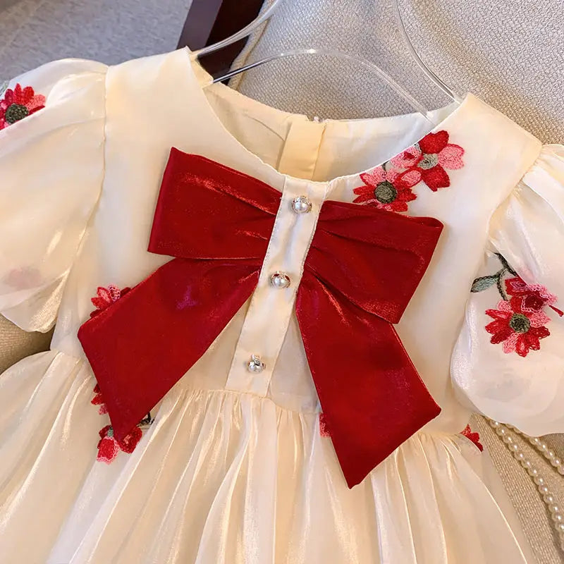 Humor Bear Girls' Clothing Puff Sleeves Gauzy Dress Bow Tie Decoration Princess Dress Casual Children Costume