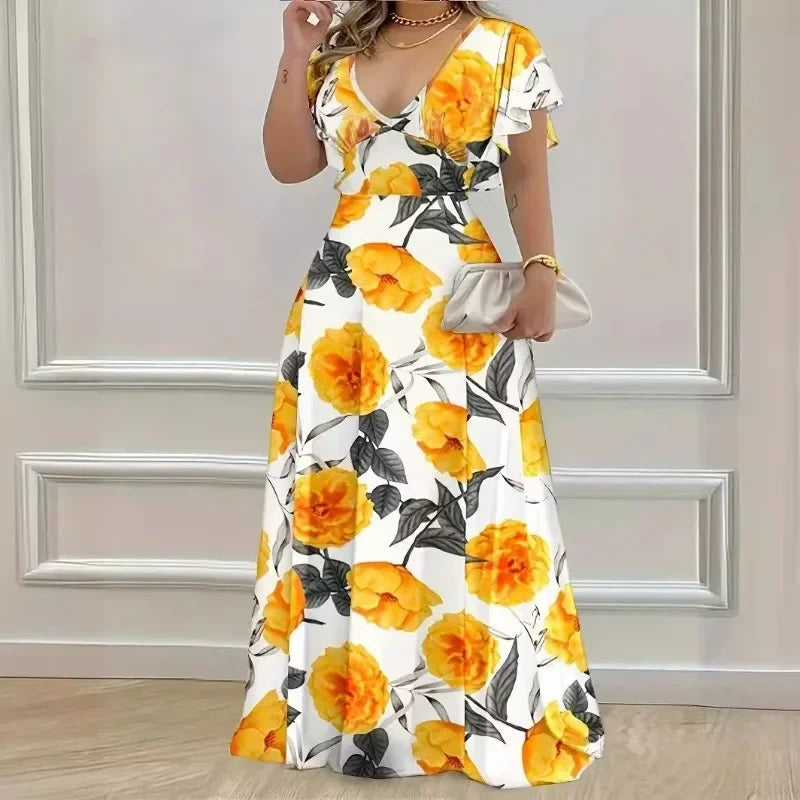 Women's XL-5XL Plus Size Hot selling V-neck elegant and casual printed long dress with large hem for women's clothing Women's