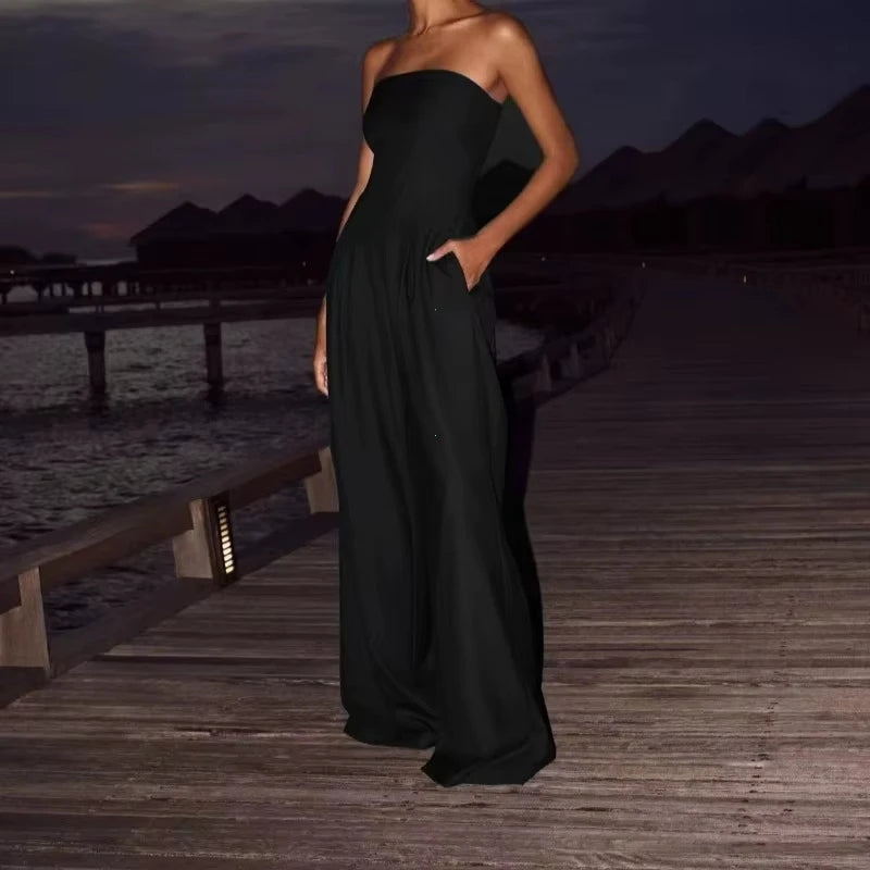 Solid Backless Women's Jumpsuit Solid Off Shoulder Waist Cinching Pockets Wide Leg Pants Lady Bodysuit Summer Female Outwears