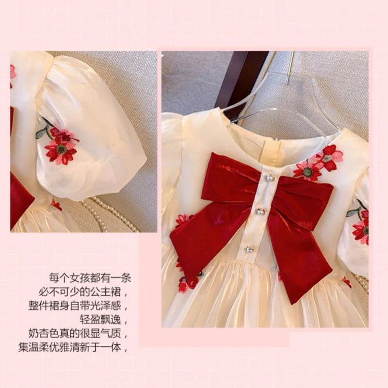 Humor Bear Girls' Clothing Puff Sleeves Gauzy Dress Bow Tie Decoration Princess Dress Casual Children Costume