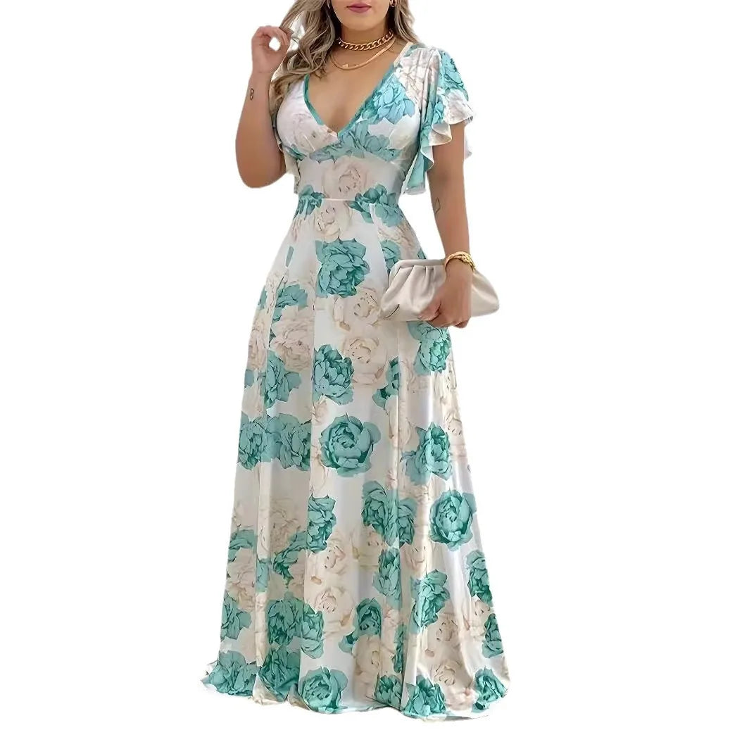 Women's XL-5XL Plus Size Hot selling V-neck elegant and casual printed long dress with large hem for women's clothing Women's