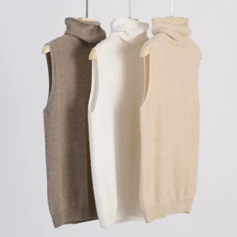 Women Merino Wool Sleeveless Pullovers Turtleneck Sweater Waistcoat Wool Knitwear Spring Autumn Winter Fashion Vest Tops