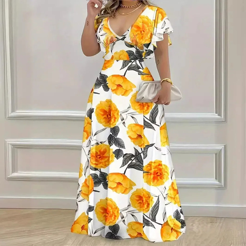 Women's XL-5XL Plus Size Hot selling V-neck elegant and casual printed long dress with large hem for women's clothing Women's