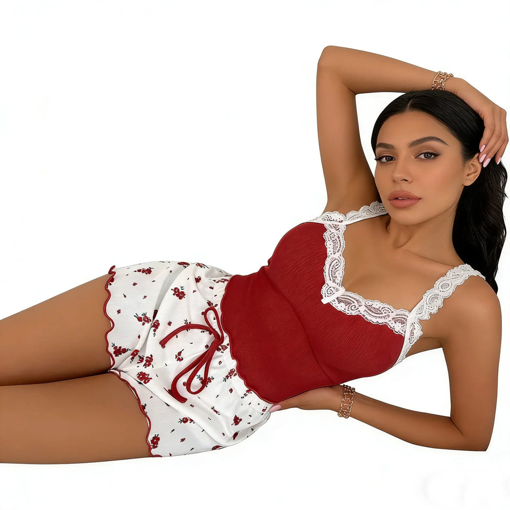 2026 women's sexy lace lace camisole vest shorts sleepwear women's slim fit two-piece home outfit new product pink coffee blue