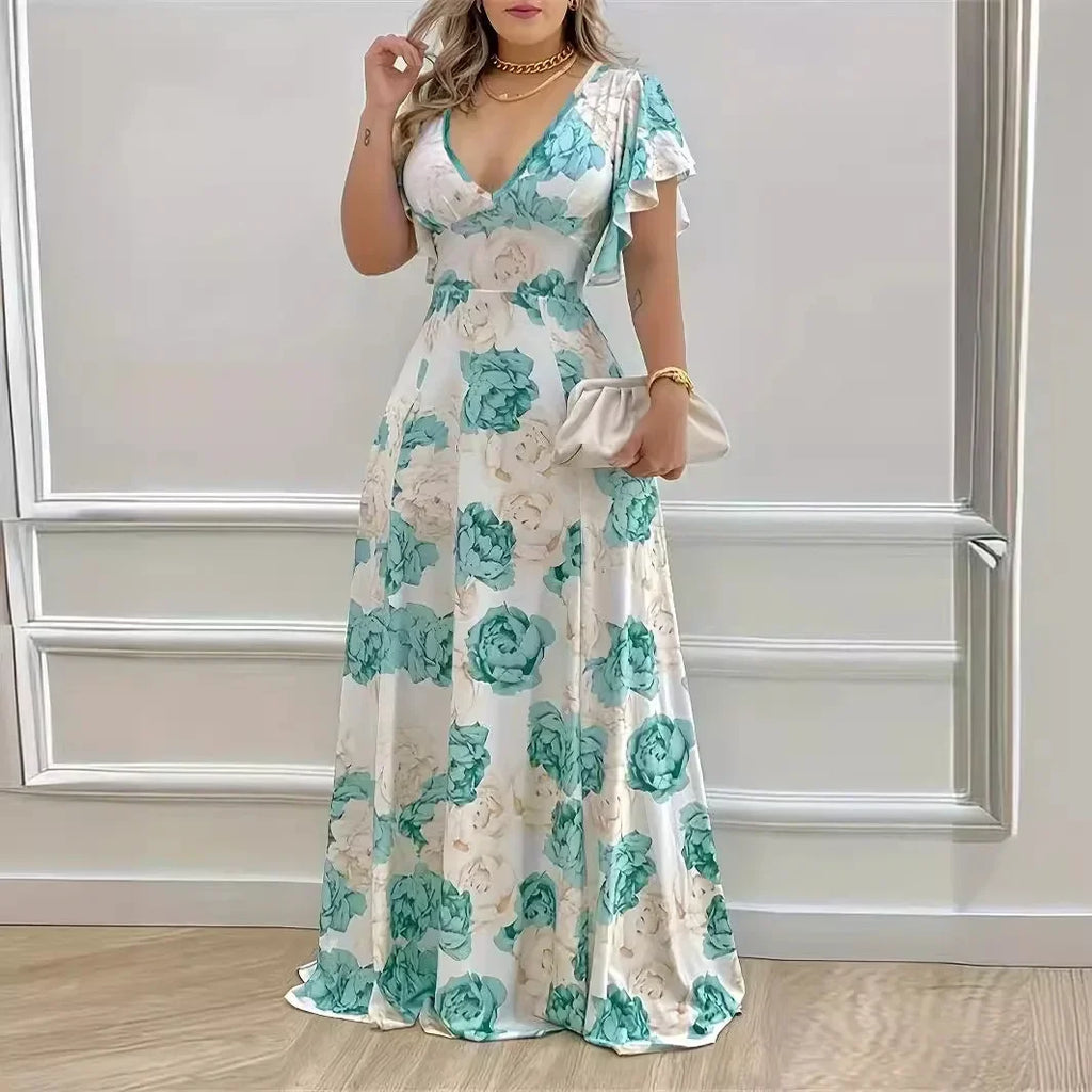 Women's XL-5XL Plus Size Hot selling V-neck elegant and casual printed long dress with large hem for women's clothing Women's