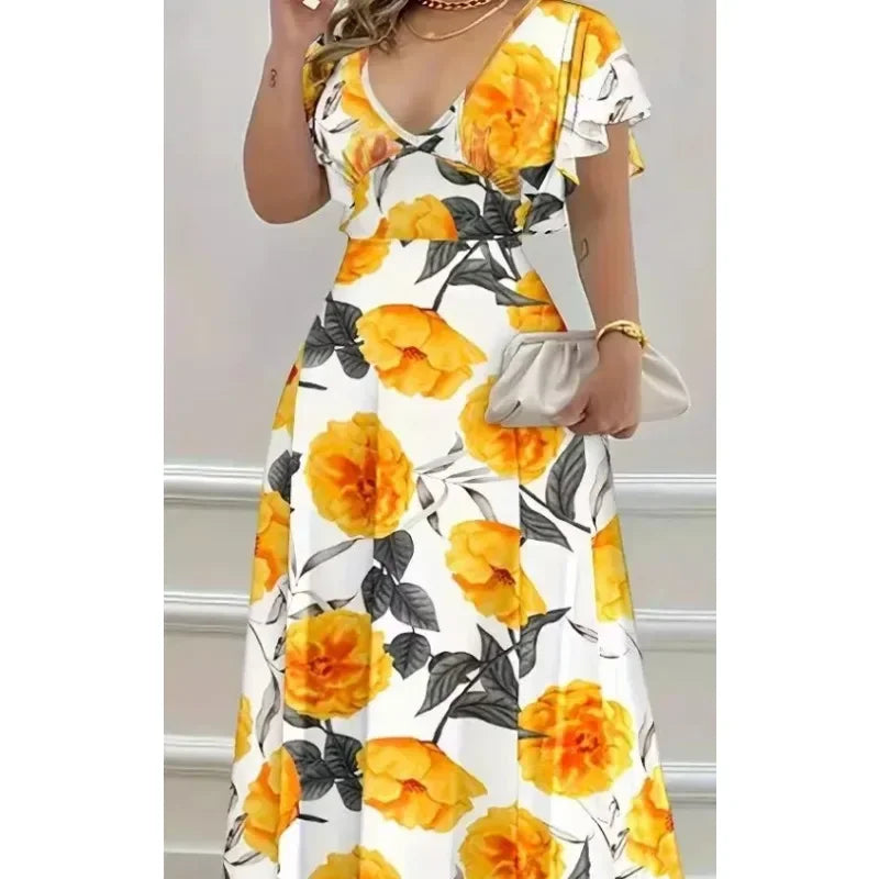 Women's XL-5XL Plus Size Hot selling V-neck elegant and casual printed long dress with large hem for women's clothing Women's