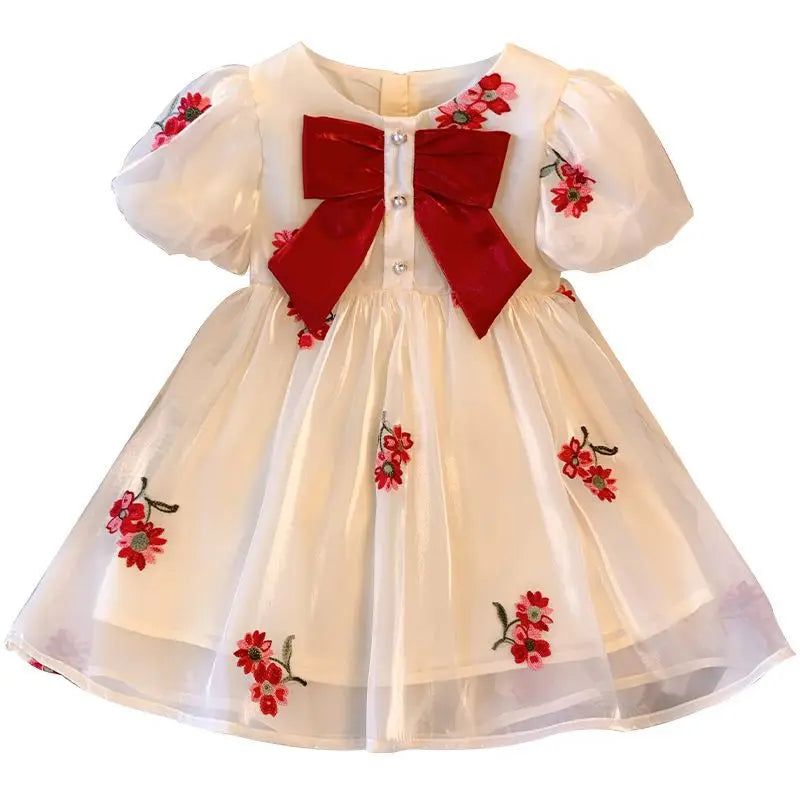 Humor Bear Girls' Clothing Puff Sleeves Gauzy Dress Bow Tie Decoration Princess Dress Casual Children Costume
