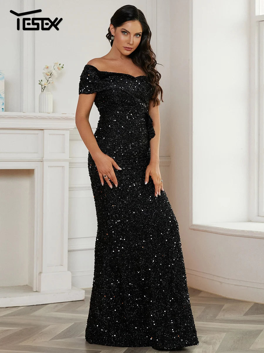 Yesexy New Orange Women One Shoulder Elegant Sequin Ruffle Maxi Cocktail Party Prom Ladies Long Gown Mermaid Evening Dresses