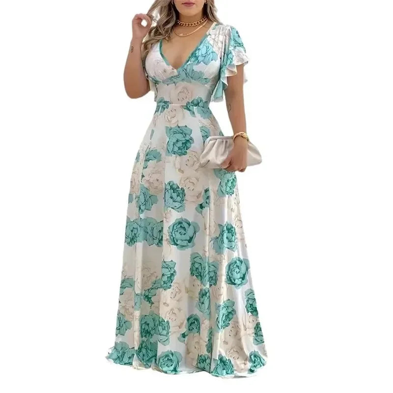 Women's XL-5XL Plus Size Hot selling V-neck elegant and casual printed long dress with large hem for women's clothing Women's