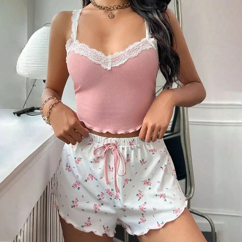 2026 women's sexy lace lace camisole vest shorts sleepwear women's slim fit two-piece home outfit new product pink coffee blue