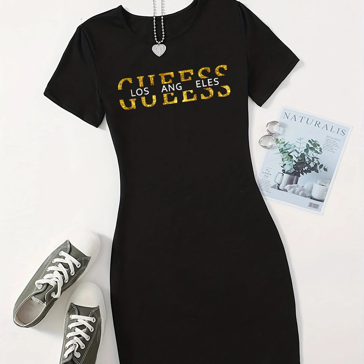Summer Ladies GUEESS Los Angeles Printed Casual Sexy Slim Fit Hip hugging Short Sleeve Round Neck T-shirt Short Mini Skirt